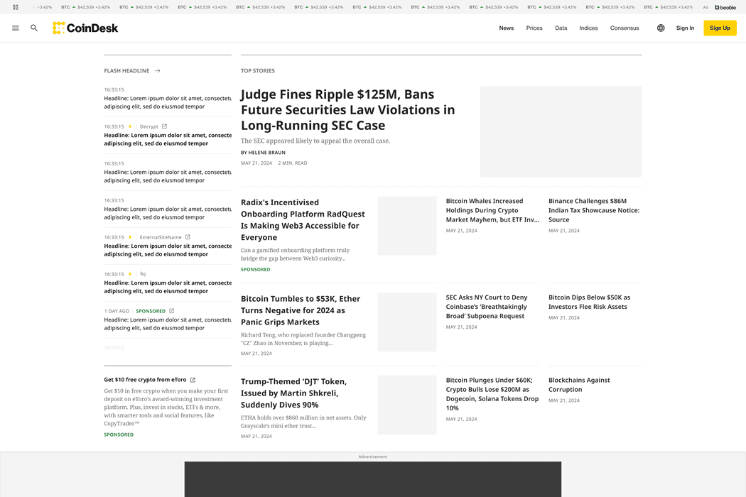 Figma design for the CoinDesk.com homepage.