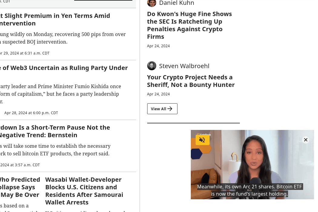 CoinDesk video player interface.