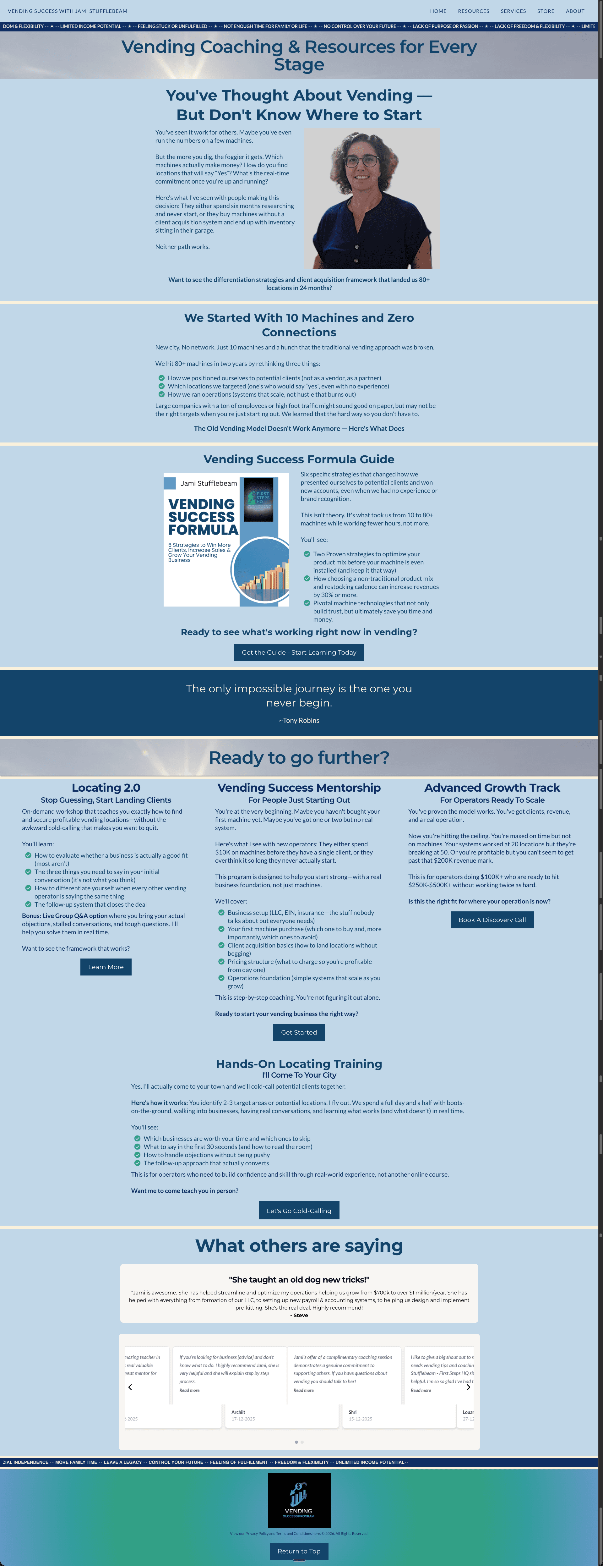 FirstStepsHQ homepage showing vending machine business coaching services.