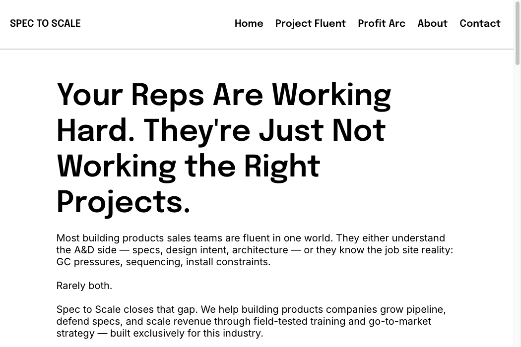Spec to Scale website homepage showing unified brand for building-products consulting.