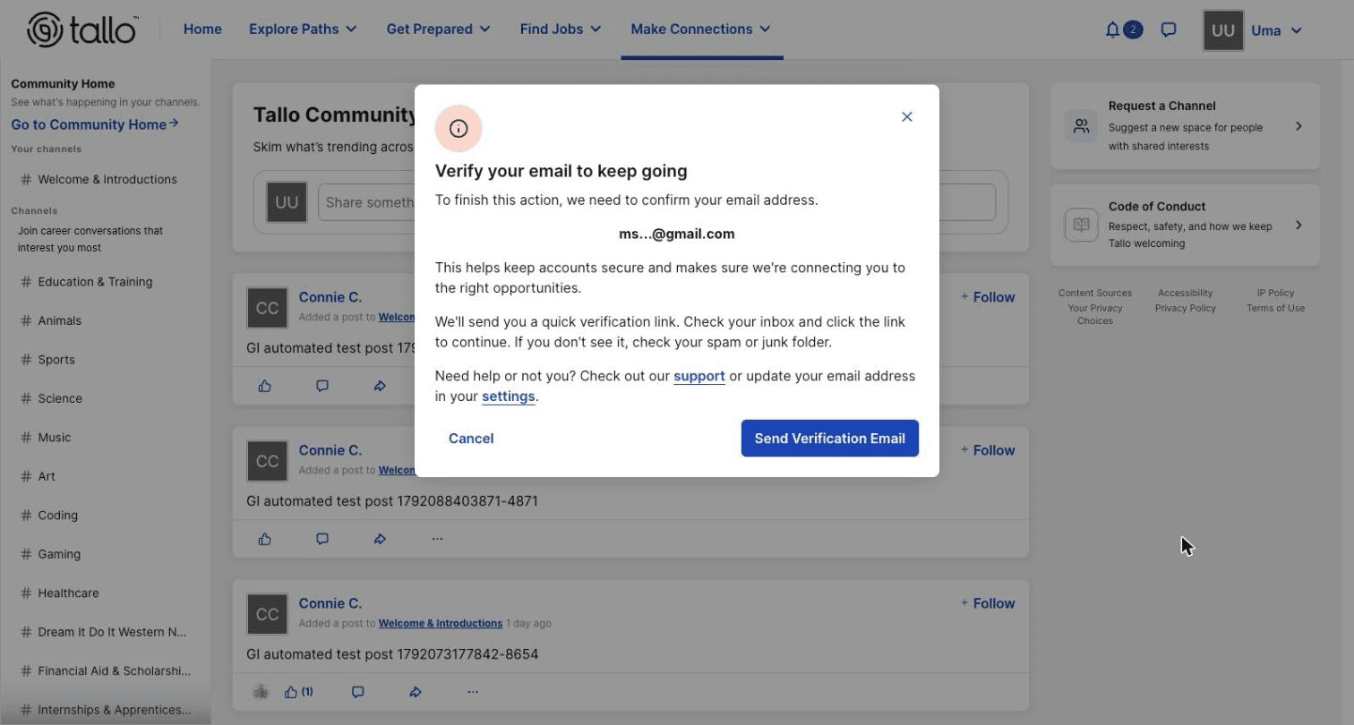 Tallo's "Verify your email to keep going" prompt over the community feed, with a masked email address, a spam-folder hint, and a Send Verification Email button.