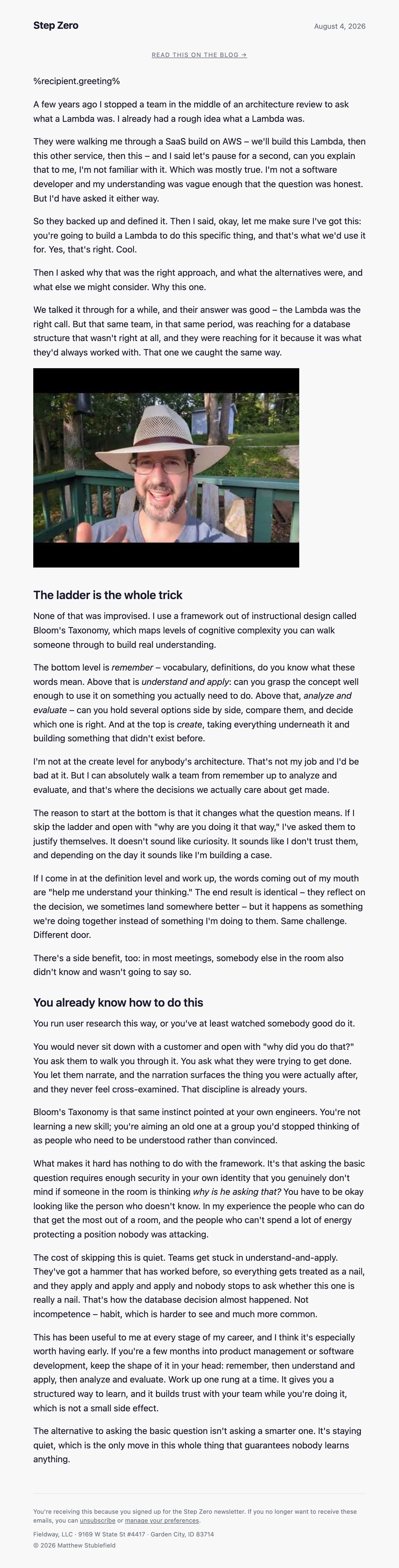 Preview of the most recent Step Zero issue: Ask the Dumb Question First